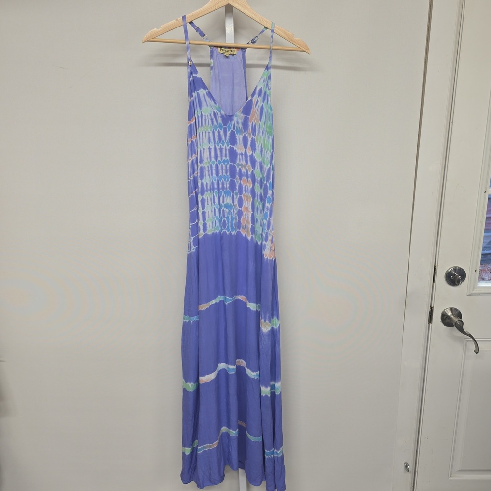 Pineapples Hawaii Purple‎ Tie Dye Racerback Maxi Dress Medium Rayon Boho Beach